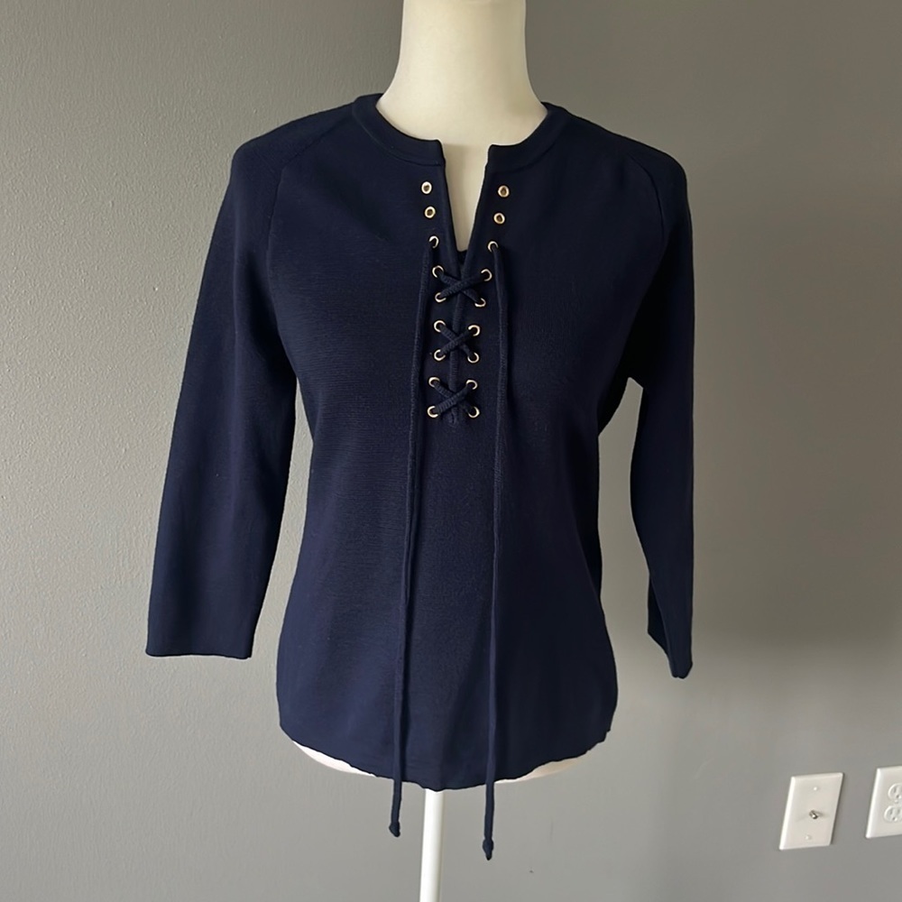 Barney's Navy Blue Merino Wool Lace Up Front Sweater
